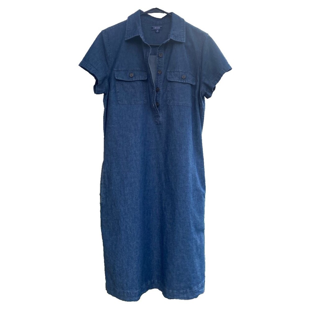 IZOD Women's Shirt Dress Small Denim Blue Light Wash Button With Pockets
